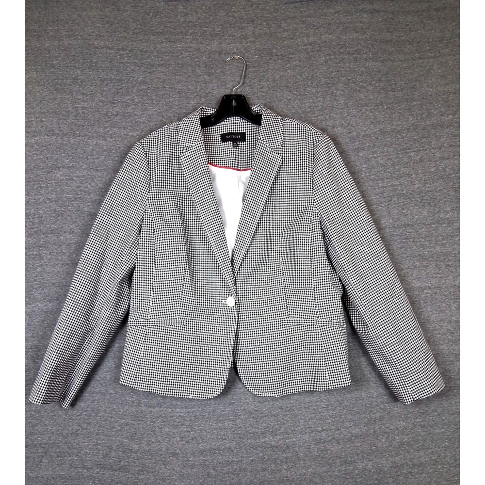 Talbots Womens Jacket 16 Black White Gingham Check Plaid Blazer Academia Preppy